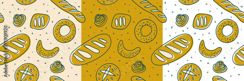 Bread bakery seamless pattern for pastry label design and bakeshop packaging. Baker shop background with hand-drawn vector illustrations. Cooking courses backdrop. Element branding of cafe.