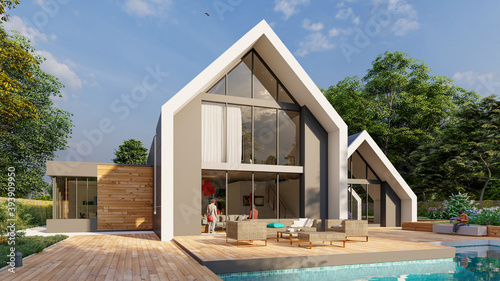 Foto Modern pitched roof villa with pool and garden