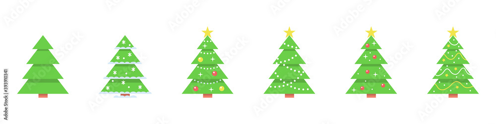 Set of Christmas trees with decorations, garlands and stars. Flat style. Vector illustration for greeting card, invitation or banner.

