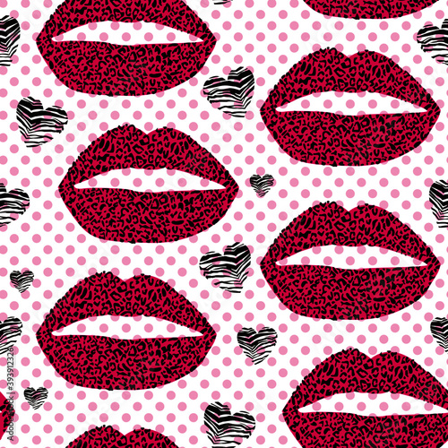 Pattern design of a leopard print lips and hearts on dotted pink background. 