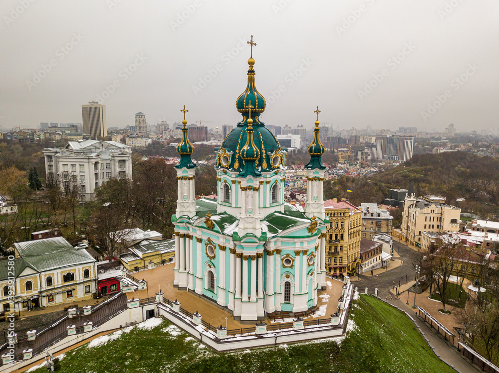 Obraz premium Aerial drone view. St. Andrew's Church in Kiev.