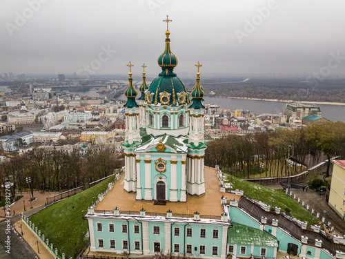 Aerial drone view. St. Andrew's Church in Kiev.