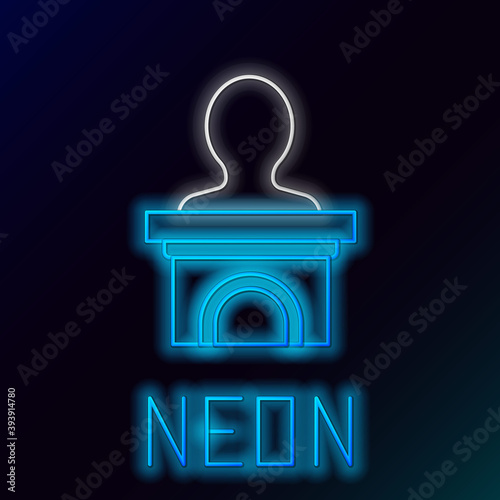 Glowing neon line Stage stand or debate podium rostrum icon isolated on black background. Conference speech tribune. Colorful outline concept. Vector.