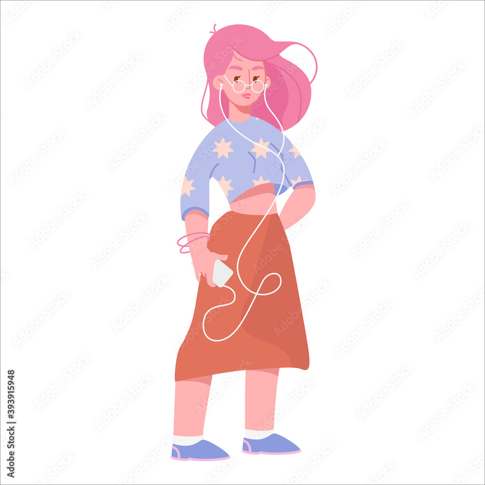 Flat cartoon young woman with smartphone, cute modern girl with pink hair in casual fashionable outfit listens to music on headphones. Color vector illustration Flat cartoon young woman with smartphone, cute modern girl with pink hair in casual fashionable outfit listens to music on headphones. Color vector illustration