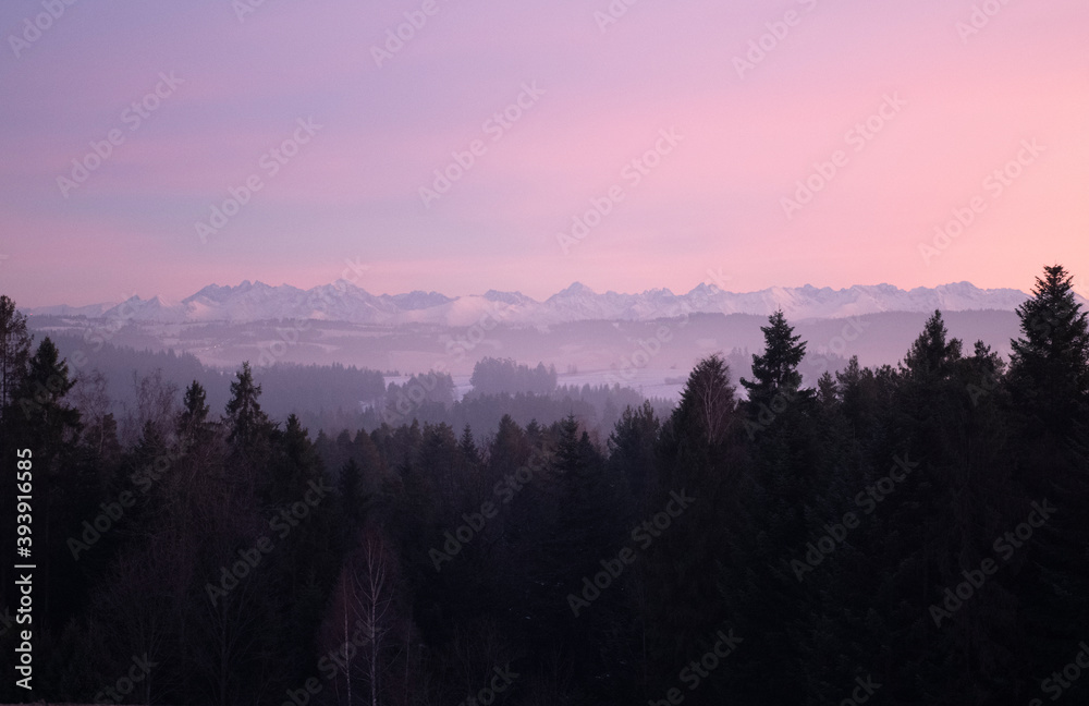 Panoramic view of Tatra Mountains during sunset. Poland