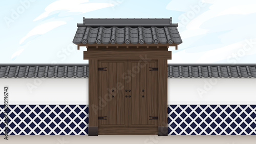 武家屋敷の門と塀の和風イラスト素材_瓦屋根_なまこ壁_扉_空_16:9