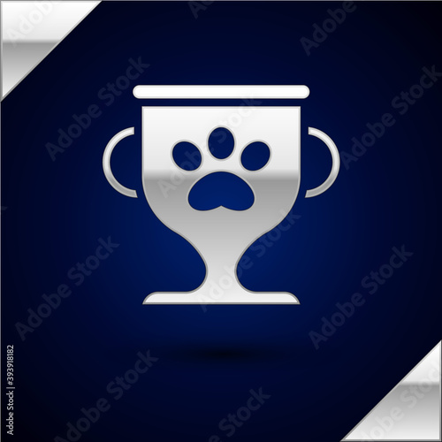 Silver Pet award symbol icon isolated on dark blue background. Medal with dog footprint as pets exhibition winner concept. Vector.