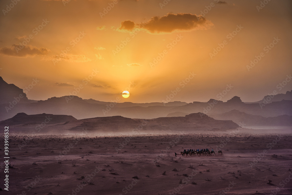 Photo of the sunset view fo the Wadi Rum desert in Jordan