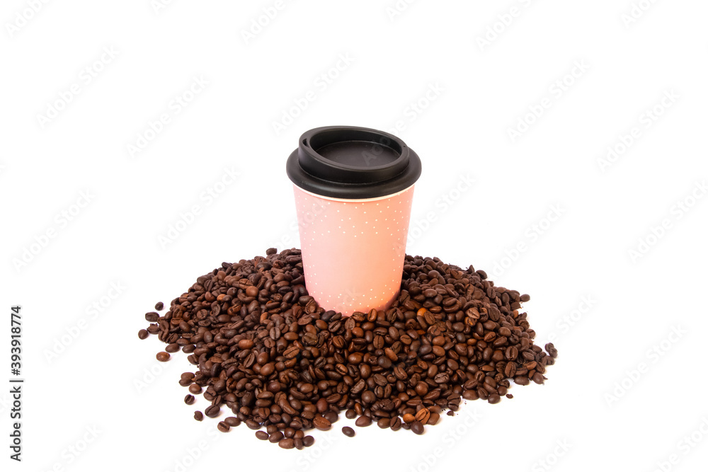 cup of pink coffee with dots on a white background with coffee beans and a black lid cup of pink coffee with dots on a white background with coffee beans and a black lid