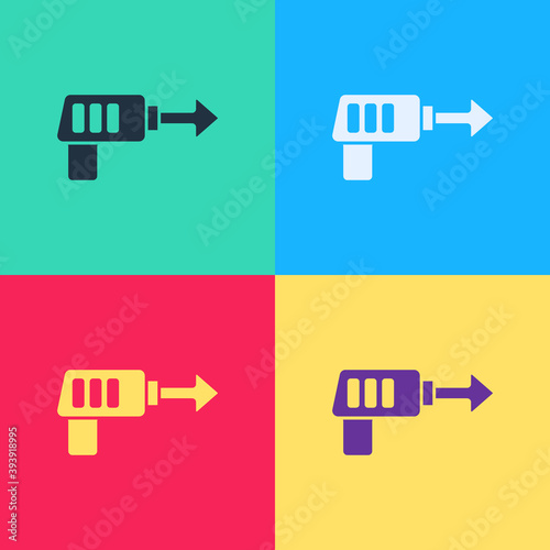Pop art Fishing harpoon icon isolated on color background. Fishery manufacturers for catching fish under water. Diving underwater equipment. Vector.