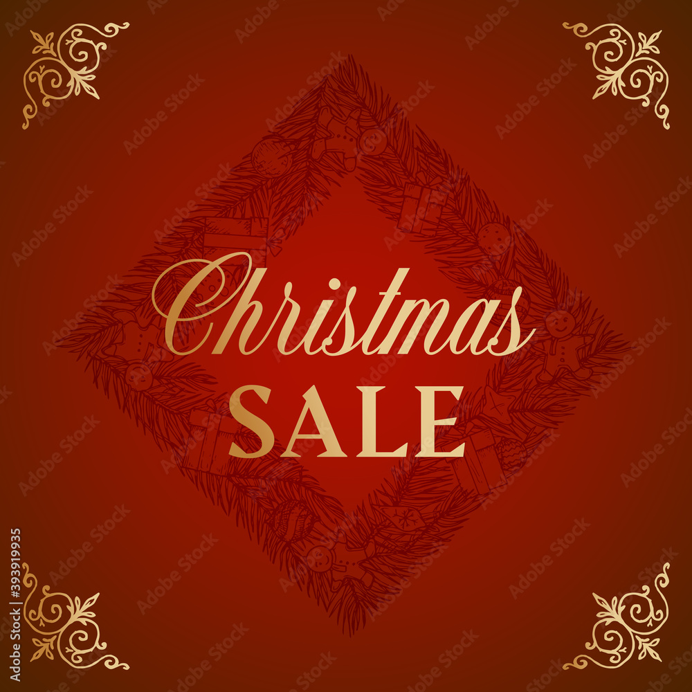 Merry Christmas Abstract Vector Retro Label, Sign or Card Template. Hand Drawn Rhombus Pine Wreath Sketch Illustration with Brush Like Retro Golden Typography. Premium Red Background Merry Christmas Abstract Vector Retro Label, Sign or Card Template. Hand Drawn Rhombus Pine Wreath Sketch Illustration with Brush Like Retro Golden Typography. Premium Red Background