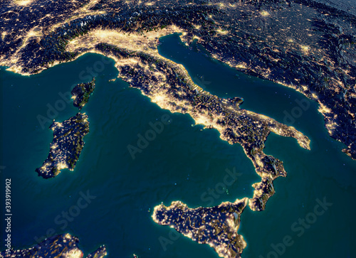Satellite view of Italy, physical map, South Europe. Night view. City lights. 3d render, reliefs and mountains. Mediterranean. Italy. Immigrant landings.
