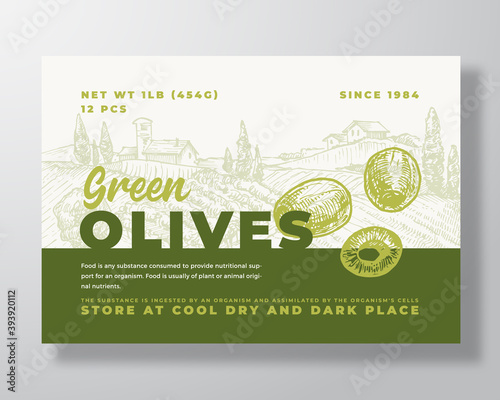 Vegetable Food Label Template. Abstract Vector Packaging Design Layout. Modern Typography Banner with Hand Drawn Green Olives and Rural Landscape Background. Isolated