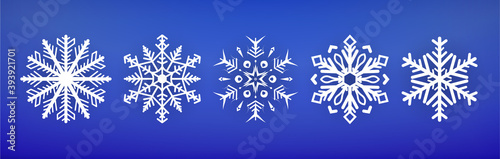 Set Snowflake icon. Christmas and winter theme. Snowflake Winter poster, digital illustration. White snowflakes on blue textured background. For Art, Print, Web design. Christmas Holiday banner.