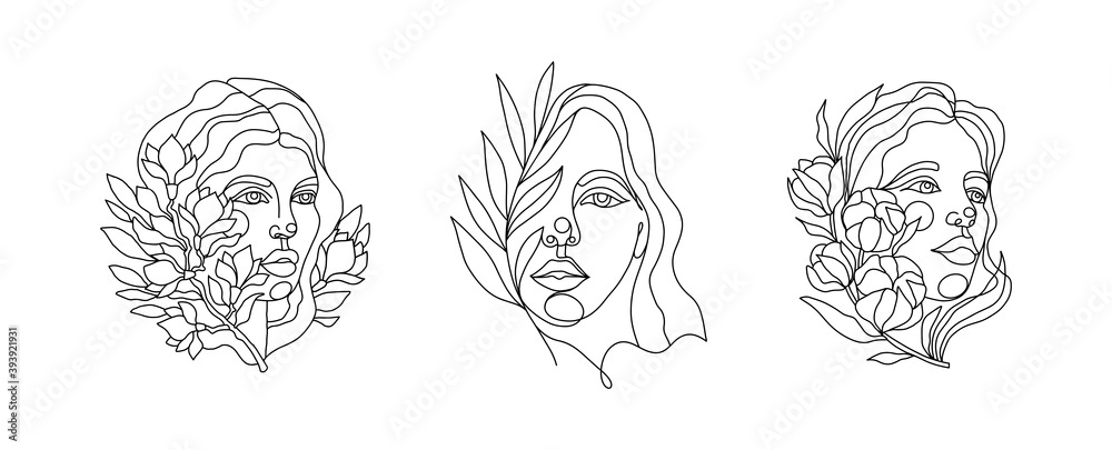 Continuous line drawing of set faces and hairstyles, fashion concept, minimalist feminine beauty with flowers and branches.Vector one line style.Trendy trendy minimalist print Continuous line drawing of set faces and hairstyles, fashion concept, minimalist feminine beauty with flowers and branches.Vector one line style.Trendy trendy minimalist print