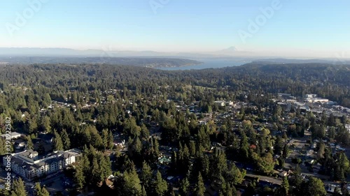 Aerial View Flying over some trees in Mountlake Terrace City, Washington State, USA photo