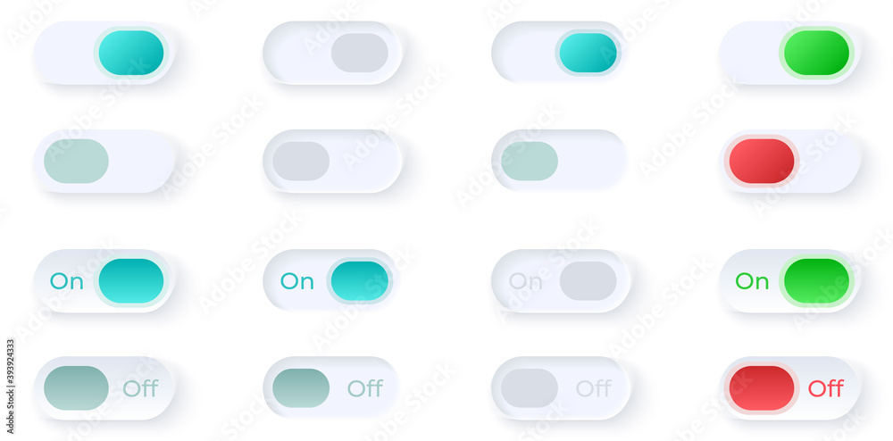 Flip buttons UI elements kit. Choose setting. On and off switches isolated vector icon, bar and dashboard template. Web design widget collection for mobile application with light theme interface