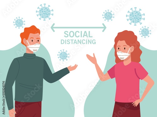 persons couple wearing medical mask with social distance and covid19 particles