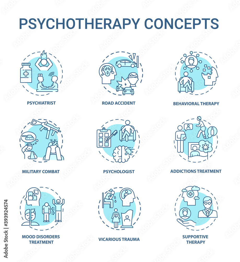 Psychotherapy concept icons set. Mental health treatment idea thin line RGB color illustrations. Military combat. Psychologist. Addictions treatment. Vector isolated outline drawings. Editable stroke