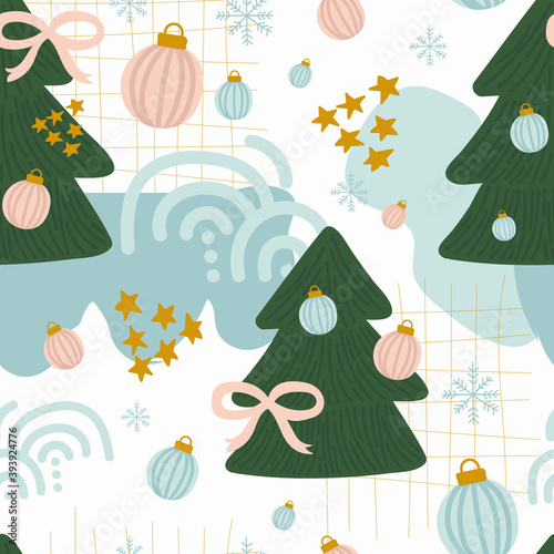 Merry Christmas and Happy New Year seamless pattern illustration. Trendy style. Vector design template. Design for poster, card, invitation, placard, brochure, flyer.