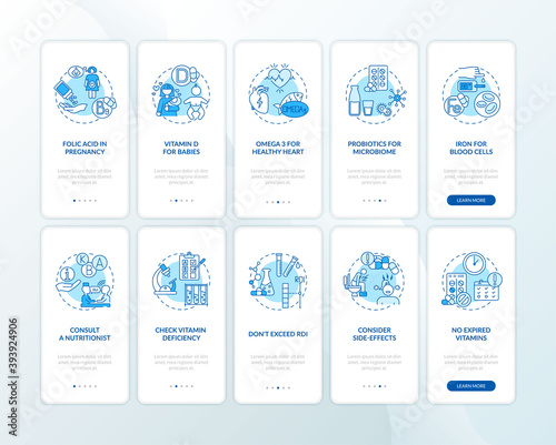 Essential supps, consumption tips onboarding mobile app page screen with concepts set. Vitamins intake walkthrough 5 steps graphic instructions. UI vector template with RGB color illustrations