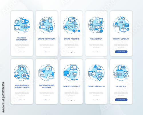 Remote job software features onboarding mobile app page screen with concepts set. Perfect usability, uptime SLA walkthrough 5 steps instructions. UI vector template with RGB color illustrations