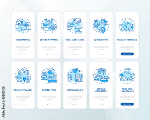 Farm production onboarding mobile app page screen with concepts set. Drones in farming. Rooftop farm walkthrough 10 steps graphic instructions. UI vector template with RGB color illustrations