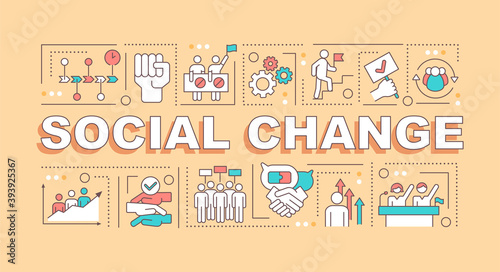 Social change word concepts banner. Collective actions and goal. Group of activists. Infographics with linear icons on yellow background. Isolated typography. Vector outline RGB color illustration