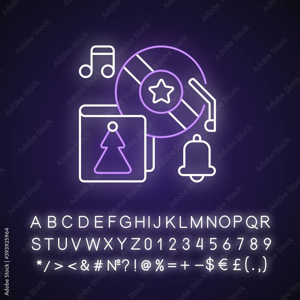 Holiday music neon light icon. Christmas song library. Vinyl cover with xmas tree picture. Outer glowing effect. Sign with alphabet, numbers and symbols. Vector isolated RGB color illustration Holiday music neon light icon. Christmas song library. Vinyl cover with xmas tree picture. Outer glowing effect. Sign with alphabet, numbers and symbols. Vector isolated RGB color illustration