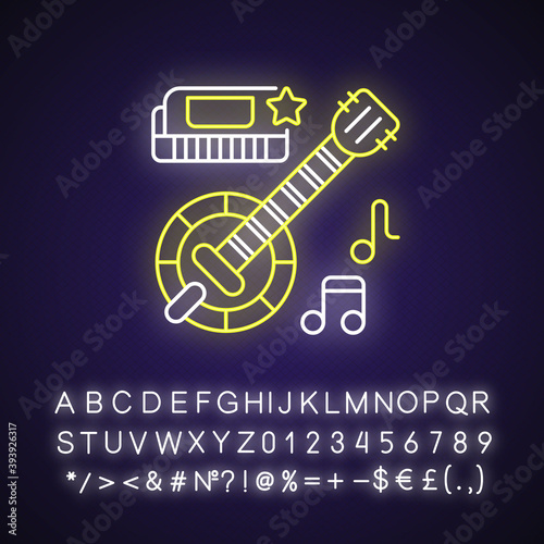 Folk music neon light icon. National songs types. Ethnic banjo guitar. Mouth harmonica with star. Song notes variety. ilhouette symbol on white space. Vector isolated illustration