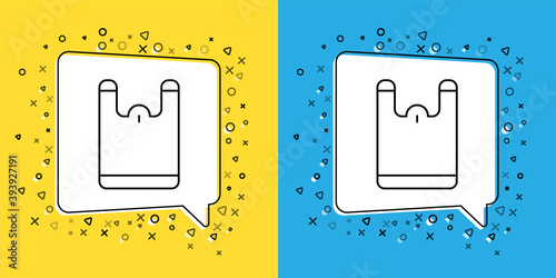 Set line Plastic bag icon isolated on yellow and blue background. Disposable cellophane and polythene package prohibition sign. Vector.