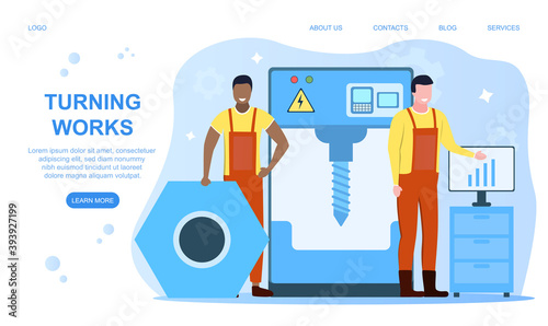 Turner or lathe web banner or landing page. Factory worker using turning machine to make metal detail. Metalworking and industrial manufacturing. Isolated cartoon flat vector illustration