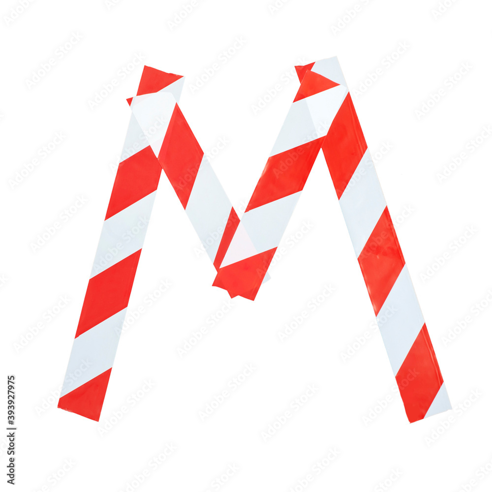 Letter M from red and white warning tape. Isolated on white background Letter M from red and white warning tape. Isolated on white background