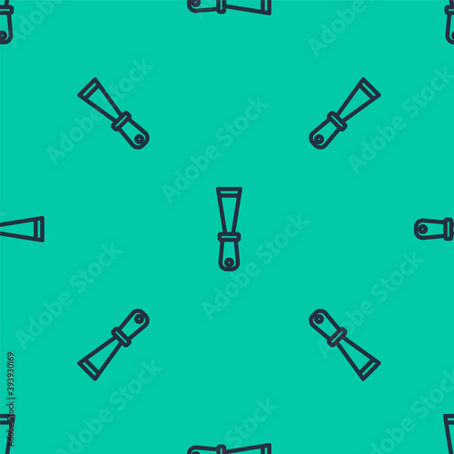 Blue line Putty knife icon isolated seamless pattern on green background. Spatula repair tool. Spackling or paint instruments. Vector.