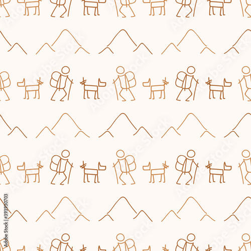 Seamless background stick figure and dog hiking neutral pattern. Whimsical minimal earthy 2 tone color. kids nursery wallpaper or boho cartoon camping fashion all over print. 