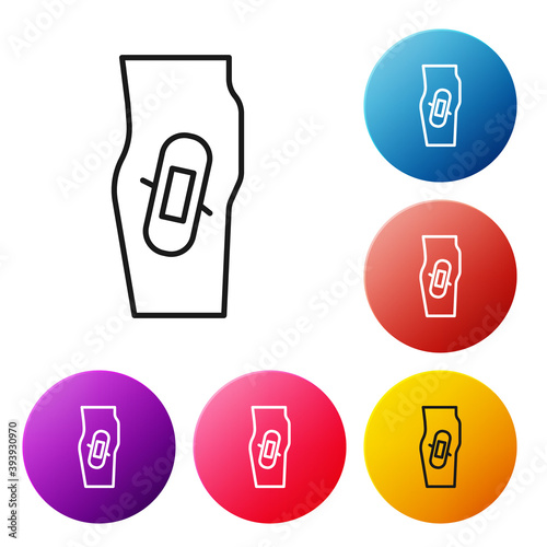 Black line Plaster on leg icon isolated on white background. Set icons colorful circle buttons. Vector.