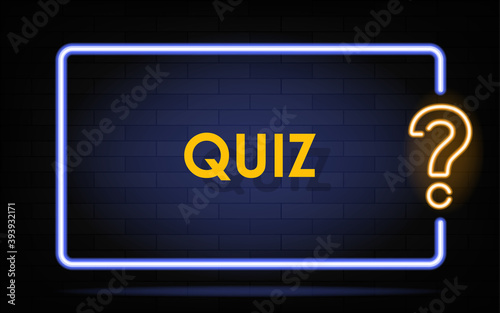 Neon quiz banner. Glowing question mark. Color neon banner on brick wall.
