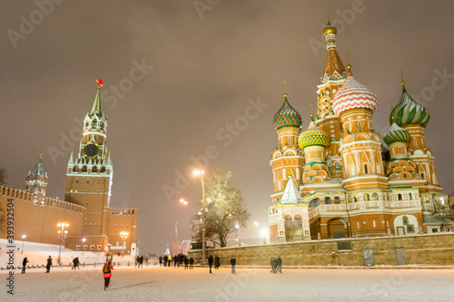 St. Basil's Cathedral and the Spasskaya tower of the Moscow Kremlin at night