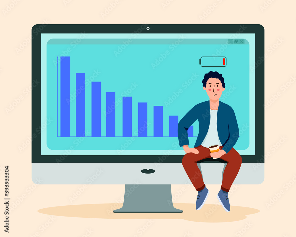 Man not successfully execute their tasks and appointments. Scene with not efficient and effective time management and multitasking at work. Flat cartoon vector illustration.