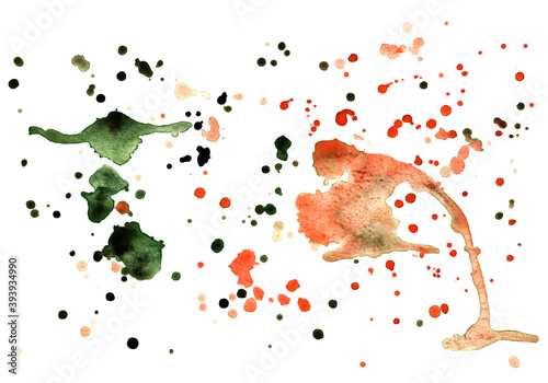 red and green watercolor stains, splashes, blots. For decoration of postcards, print, design works, souvenirs, design of fabrics and textiles, packaging design, invitation, wrapping.
