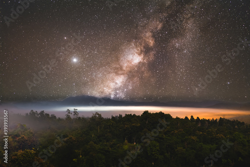 Milky Way above mountain and fog at night sky. Beautiful landscape in Mae Hong Son Province, Thailand © kitti