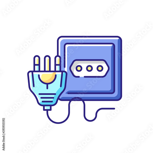 Power outlet RGB color icon. Type L socket to plug in home appliance. Disconnect appliance cord. Tech wire. Home power generation. Multiple pins. Unplug cable. Isolated vector illustration