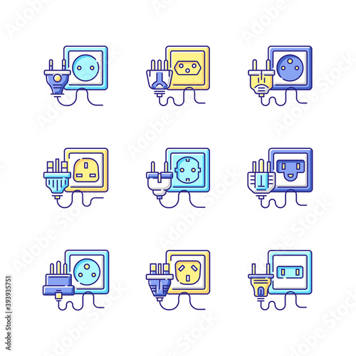 Different power outlets RGB color icons set. Sockets with multiple pins. Electricity cables for household appliance. Cable types. Industrial wires unplugged. Isolated vector illustrations