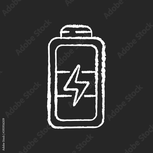 Full battery chalk white icon on black background. Getting max capacity for full day. Maximum power for device. One hundred percetage level. Isolated vector chalkboard illustration