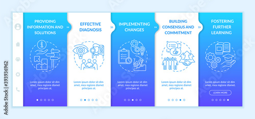 Business counseling stages onboarding vector template. Effective diagnosis. Fostering further learning. Responsive mobile website with icons. Webpage walkthrough step screens. RGB color concept