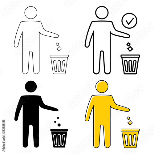 Garbage symbol. Trash icon. Disposable icon. Tidy man symbol, do not litter, icon, keep clean. Man disposes trash into the waste bin. Trash vector icon, reuse symbol. Editable stroke