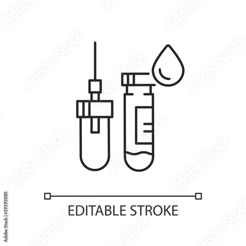 Vacuum test tubes linear icon. Blood analysis. Clinical diagnostic for diabetes. Health care. Thin line customizable illustration. Contour symbol. Vector isolated outline drawing. Editable stroke
