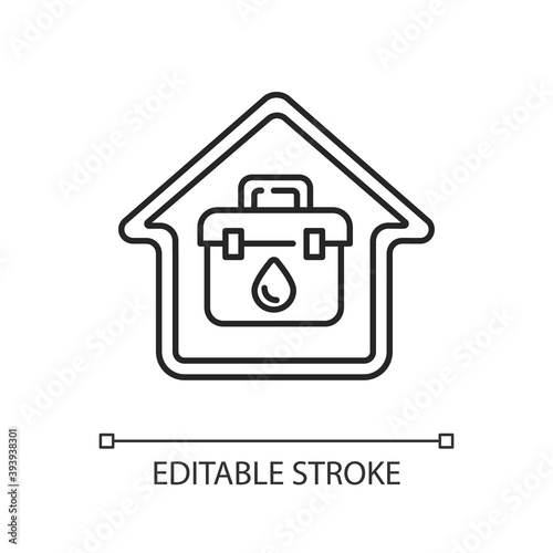 At home blood test linear icon. Medical analysis. Healthcare checkup. House doctor call. Thin line customizable illustration. Contour symbol. Vector isolated outline drawing. Editable stroke