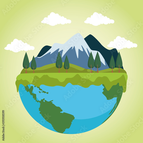 save the world environmental poster with earth planet and landscape