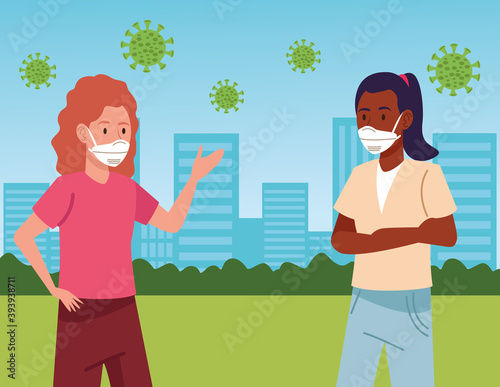interracial girls wearing medical masks on the city